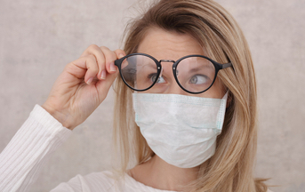 Medical mask and Glasses fogging. Avoid face touching, Coronavirus prevention, Protection.