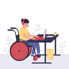 afbeelding meisje in rolstoel achter laptop